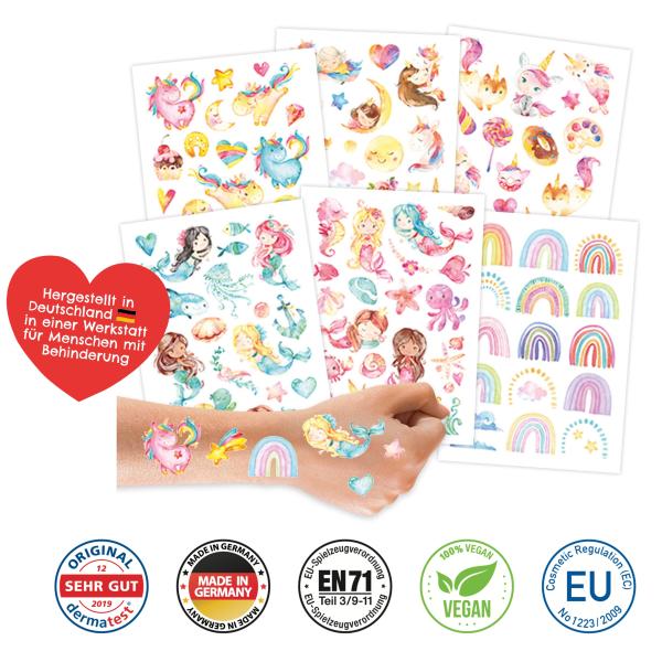 100 Kindertattoos gemischt mit Einhörner, Meerjungfrau und Regenbögen